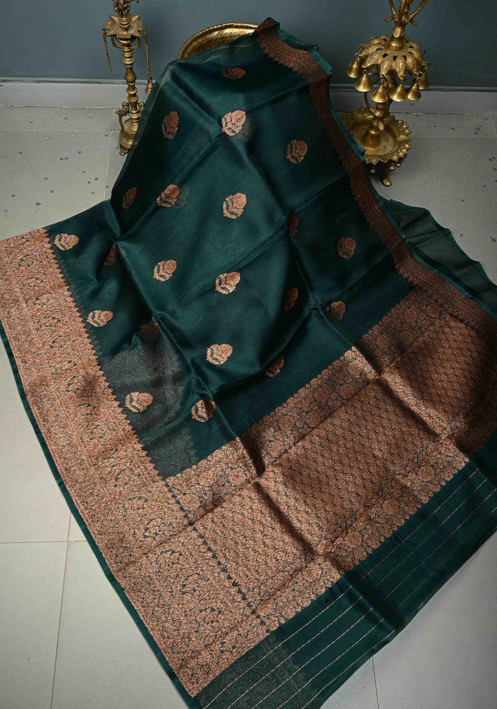Hunter Green Pure Banarasi Kora Silk Saree with Floral Antique Oxidised Zari Buttas and Zari Border | SILK MARK CERTIFIED | SHOBITAM