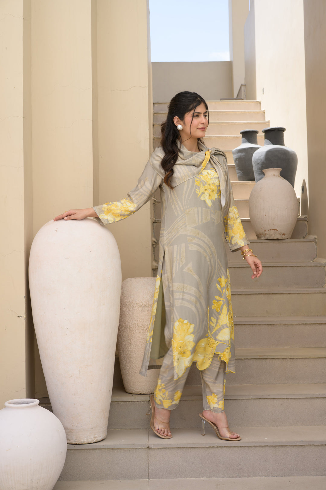 Grey and Yellow Cut Work Scallope Muslin Kurta with Yellow Organza Border Embroidered Scallope Pant Set- SET OF-2 | SHOBITAM