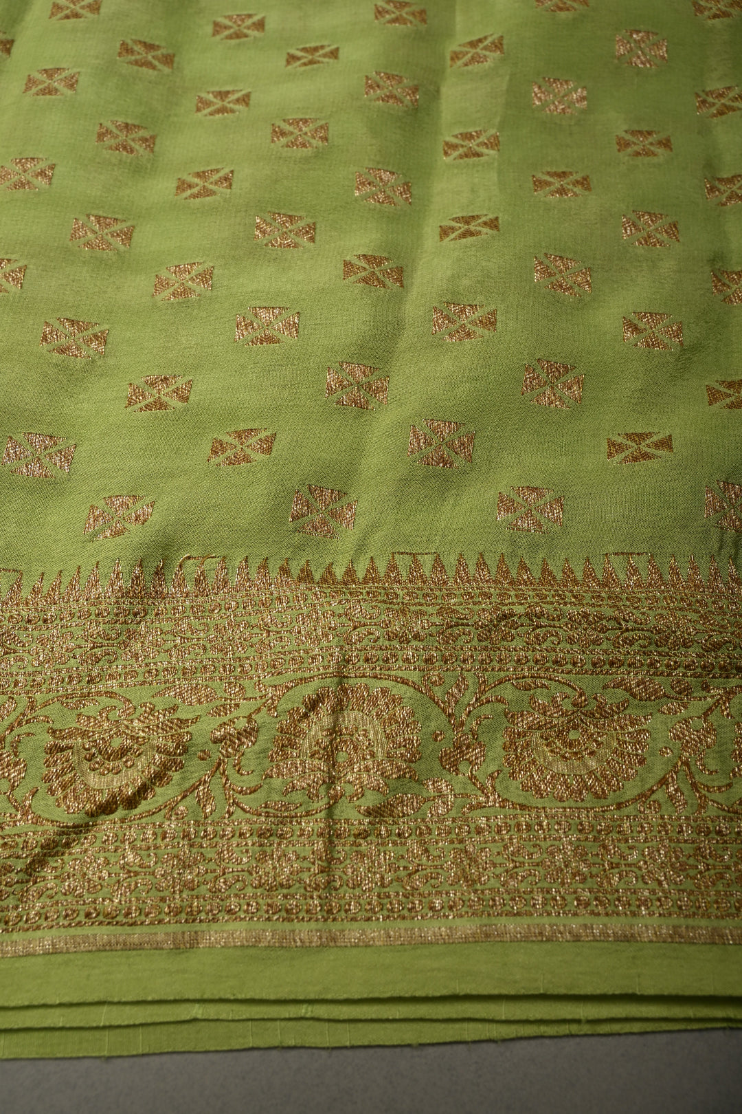 Dusty Pista Green Banarasi Crepe Georgette Silk Saree with Antique Geometric Jaal and Oxidized Zari Border | SILK MARK CERTIFIED | SHOBITAM