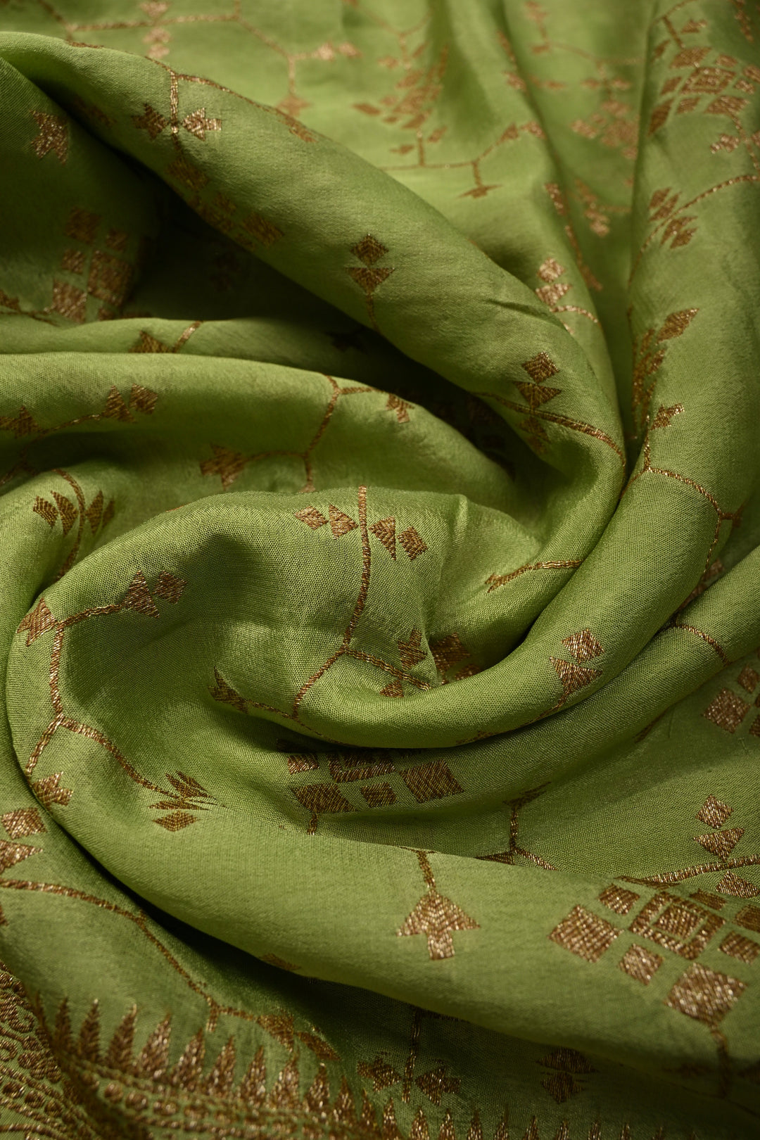 Dusty Pista Green Banarasi Crepe Georgette Silk Saree with Antique Geometric Jaal and Oxidized Zari Border | SILK MARK CERTIFIED | SHOBITAM