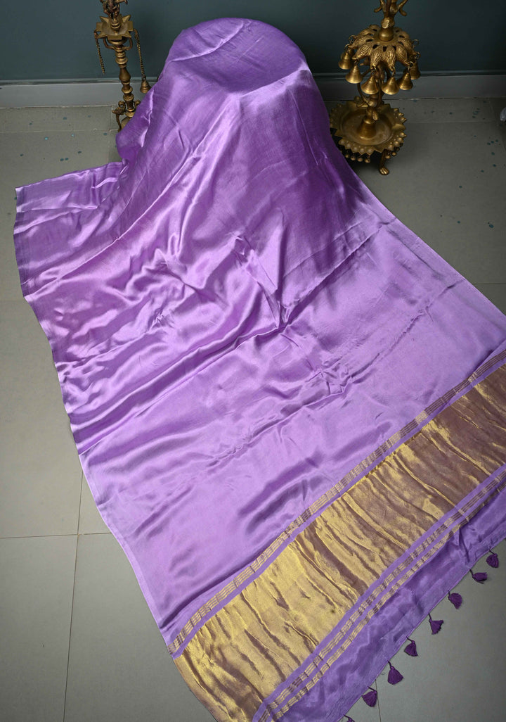 Lavender Borderless Modal Silk Saree with Lagda Patta Crushed Pallu | SHOBITAM