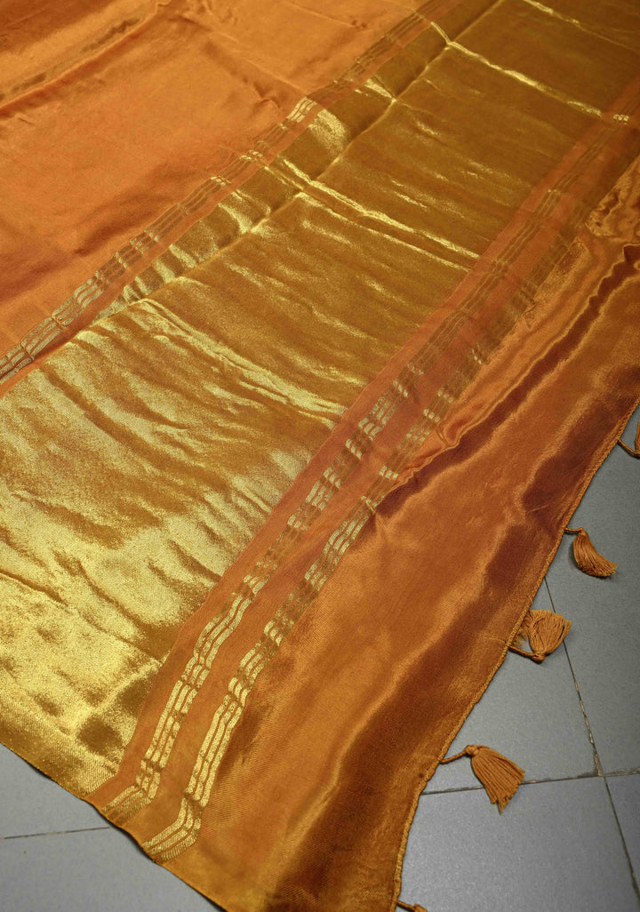 Yellow Ochre Borderless Modal Silk Saree with Lagda Patta Crushed Pallu | SHOBITAM
