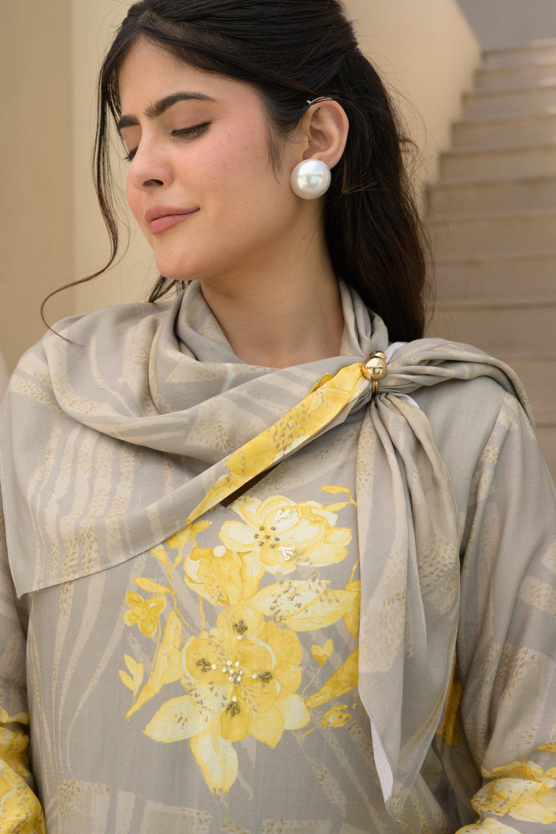 Grey and Yellow Cut Work Scallope Muslin Kurta with Yellow Organza Border Embroidered Scallope Pant Set- SET OF-2 | SHOBITAM