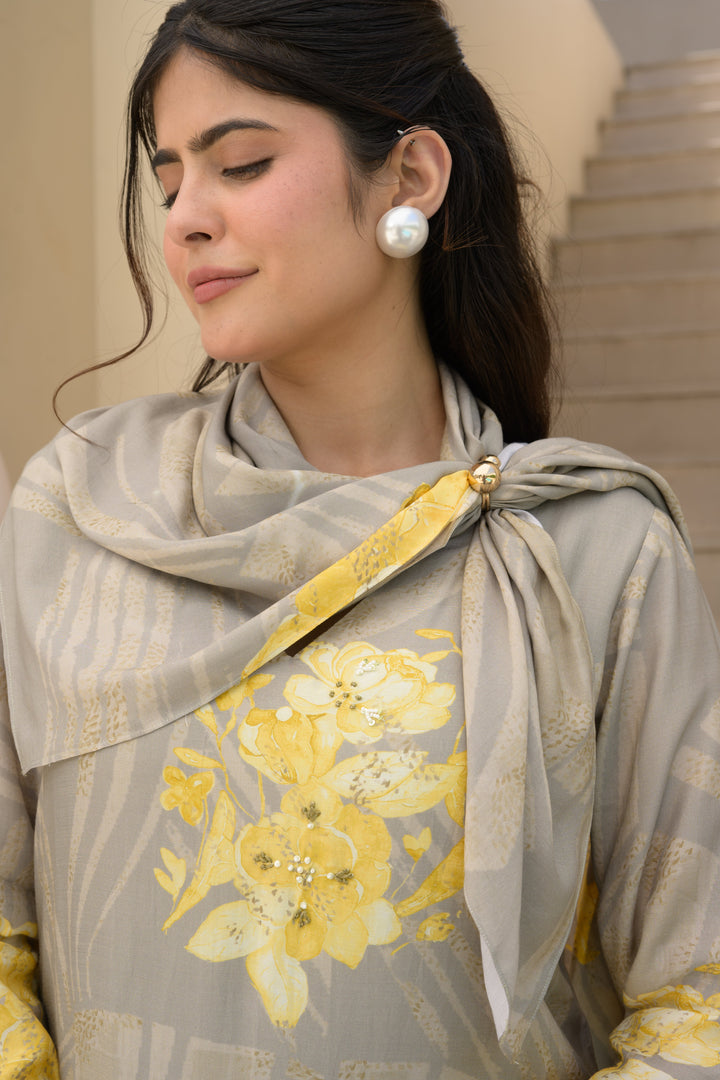 Grey and Yellow Cut Work Scallope Muslin Kurta with Yellow Organza Border Embroidered Scallope Pant Set- SET OF-2 | SHOBITAM