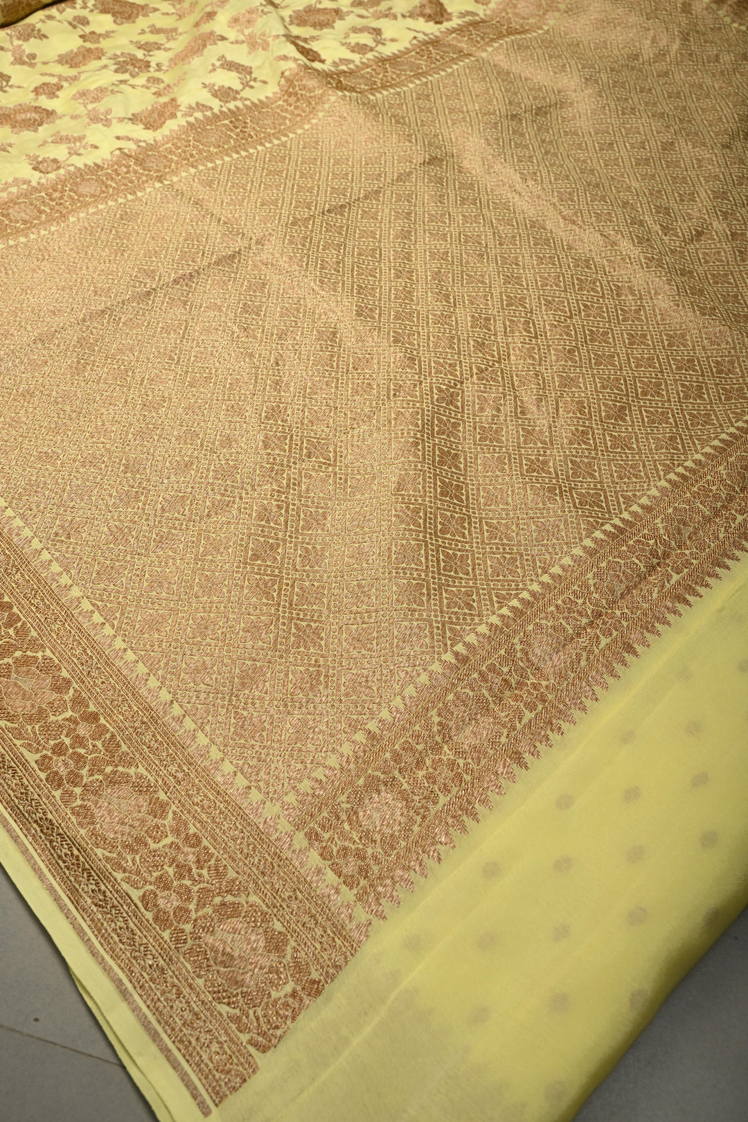 Pastel Yellow Banarasi Georgette Silk Saree with Antique Floral Jaal and Oxidized Zari Border | SILK MARK CERTIFIED | SHOBITAM