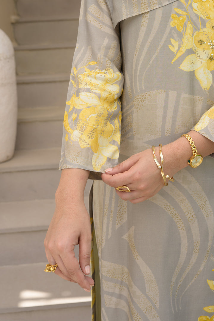 Grey and Yellow Cut Work Scallope Muslin Kurta with Yellow Organza Border Embroidered Scallope Pant Set- SET OF-2 | SHOBITAM