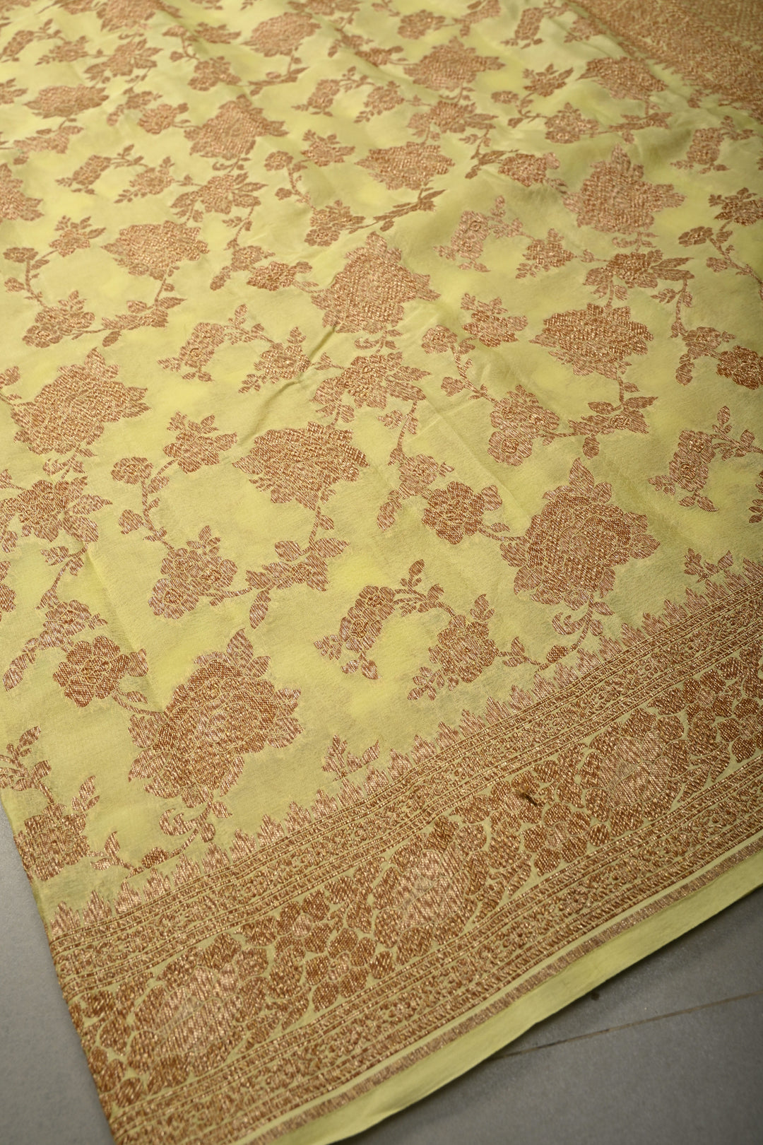 Pastel Yellow Banarasi Georgette Silk Saree with Antique Floral Jaal and Oxidized Zari Border | SILK MARK CERTIFIED | SHOBITAM