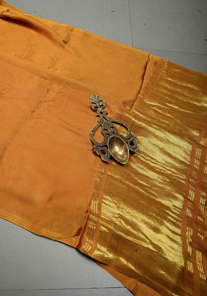 Yellow Ochre Borderless Modal Silk Saree with Lagda Patta Crushed Pallu | SHOBITAM