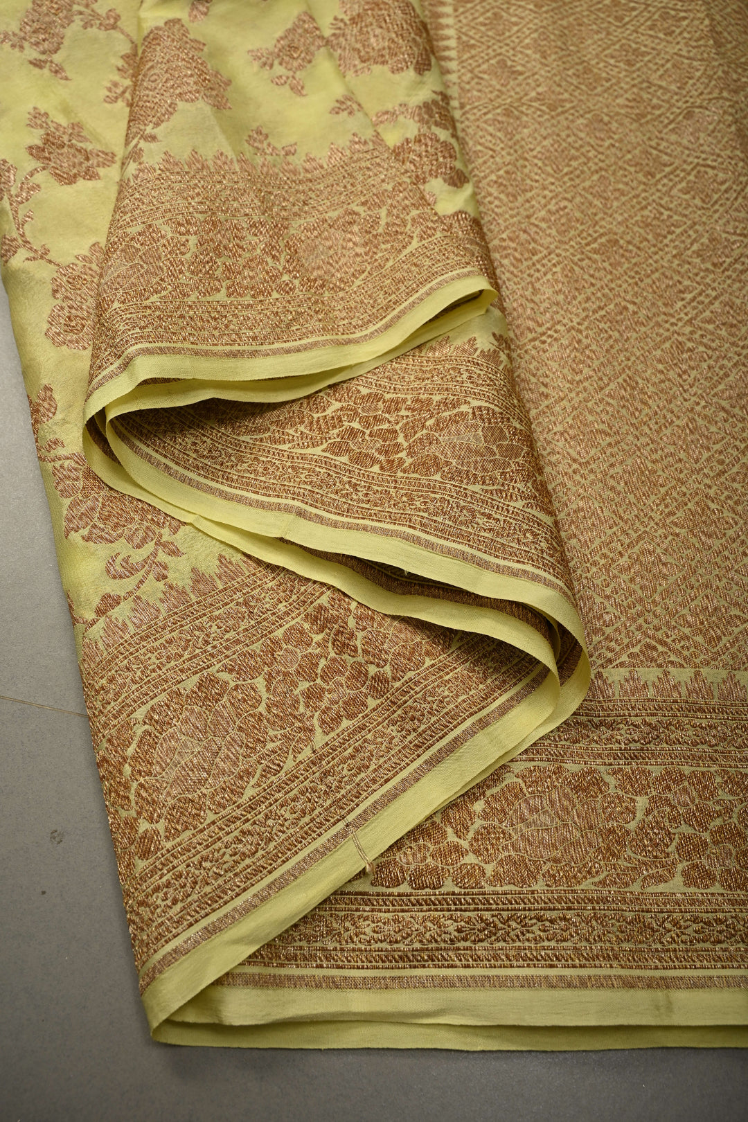 Pastel Yellow Banarasi Georgette Silk Saree with Antique Floral Jaal and Oxidized Zari Border | SILK MARK CERTIFIED | SHOBITAM