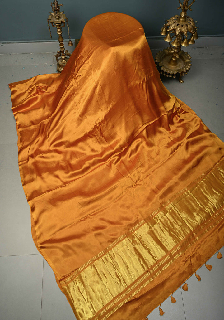 Yellow Ochre Borderless Modal Silk Saree with Lagda Patta Crushed Pallu | SHOBITAM