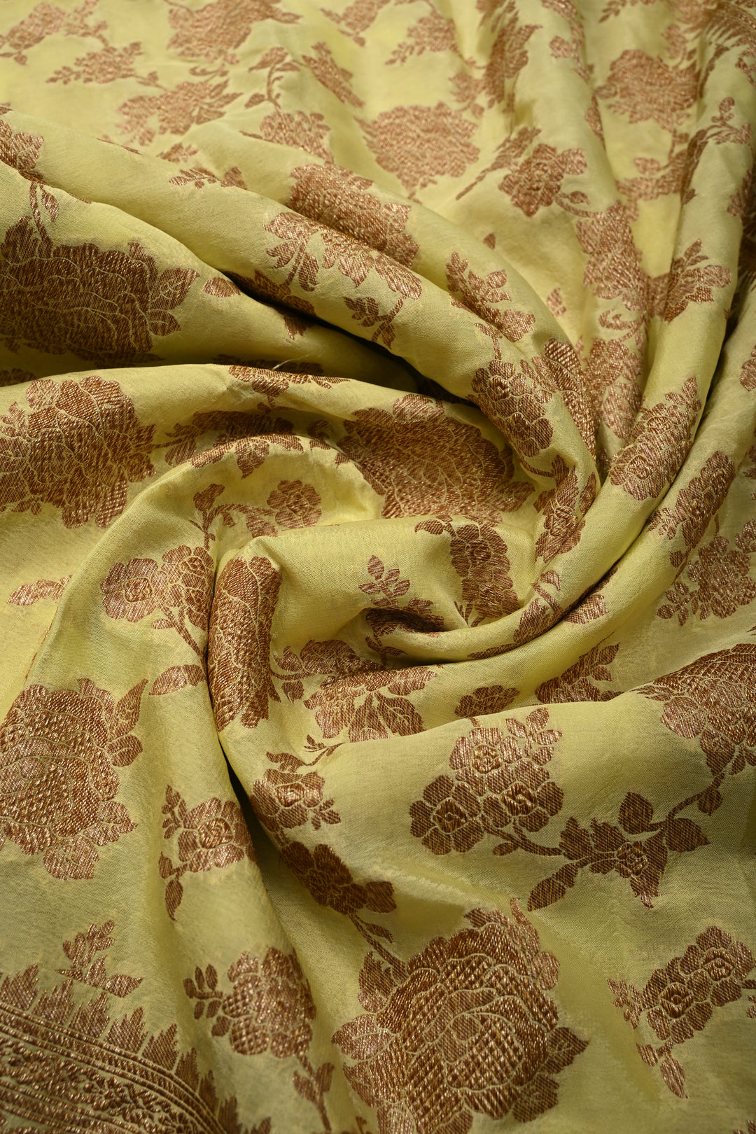 Pastel Yellow Banarasi Georgette Silk Saree with Antique Floral Jaal and Oxidized Zari Border | SILK MARK CERTIFIED | SHOBITAM