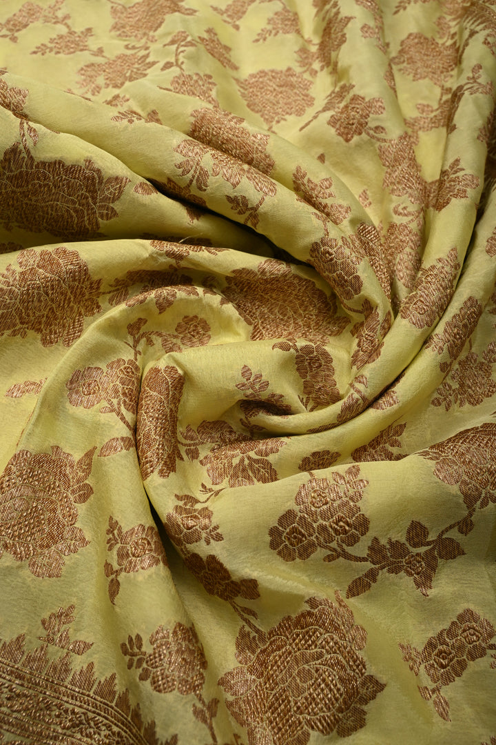 Pastel Yellow Banarasi Georgette Silk Saree with Antique Floral Jaal and Oxidized Zari Border | SILK MARK CERTIFIED | SHOBITAM