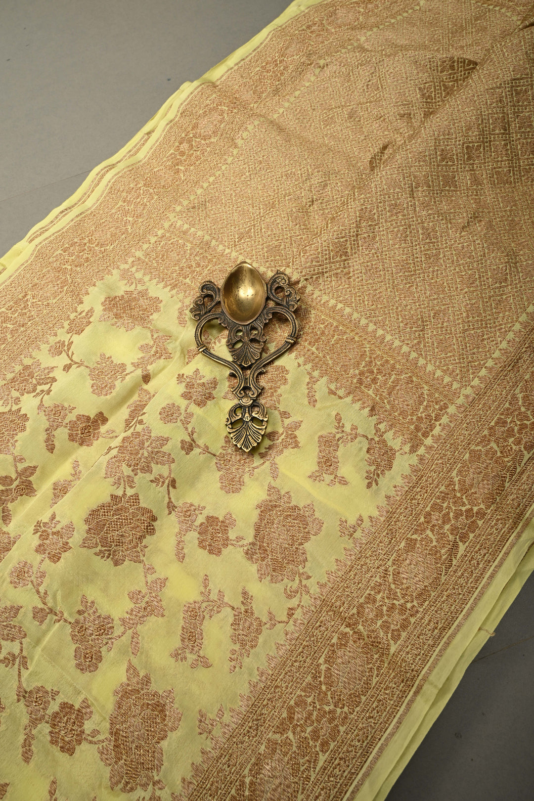 Pastel Yellow Banarasi Georgette Silk Saree with Antique Floral Jaal and Oxidized Zari Border | SILK MARK CERTIFIED | SHOBITAM