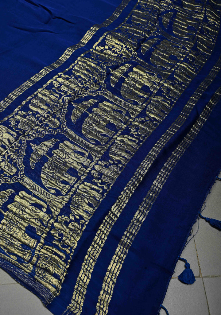 Ink Blue Borderless Modal Silk Saree with Baluchari Style Zari Pallu | SHOBITAM
