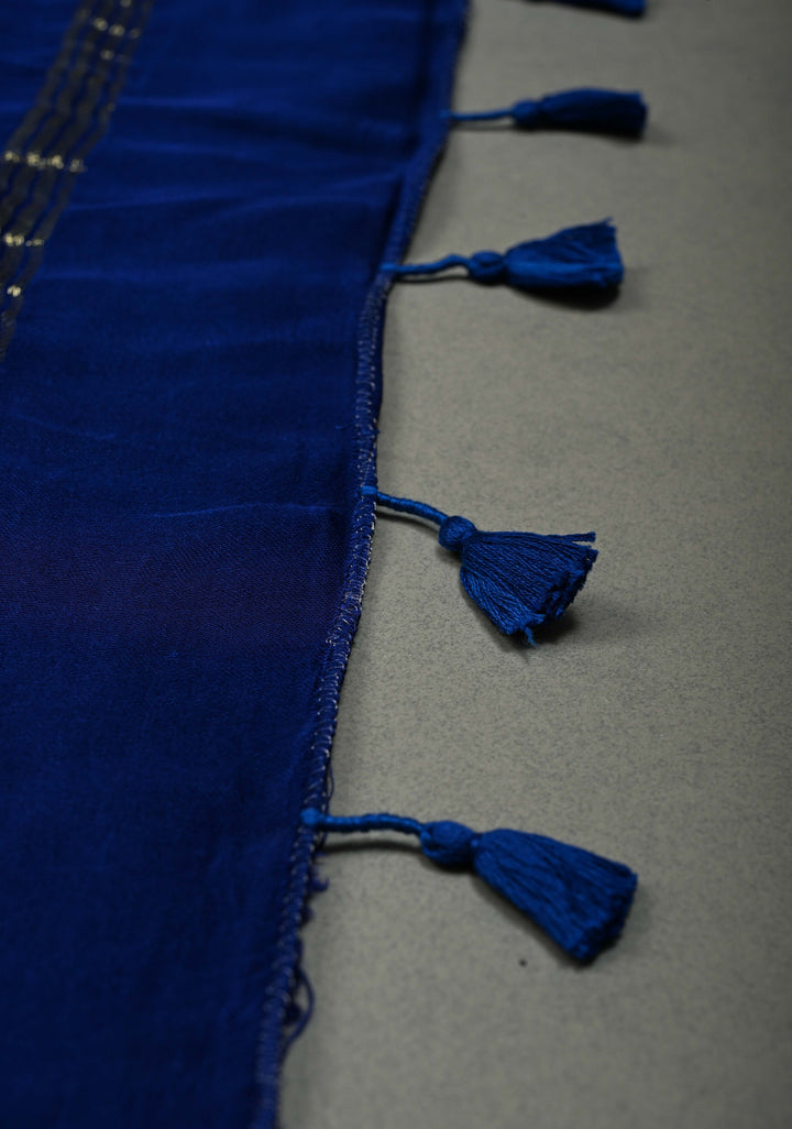 Ink Blue Borderless Modal Silk Saree with Baluchari Style Zari Pallu | SHOBITAM