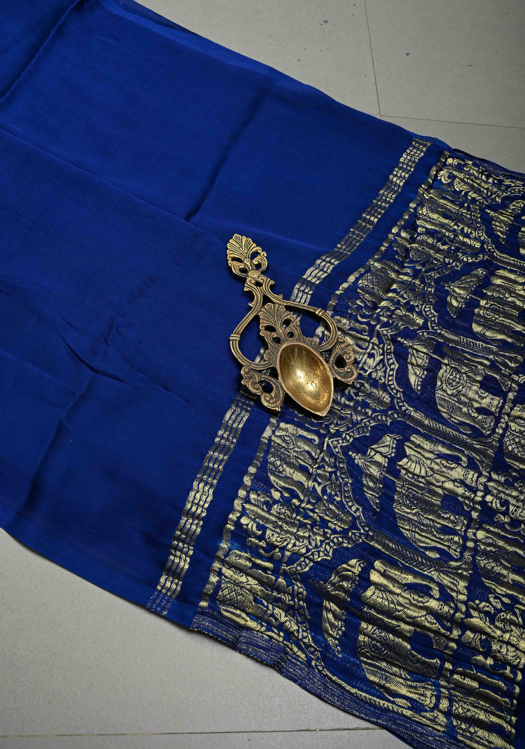 Ink Blue Borderless Modal Silk Saree with Baluchari Style Zari Pallu | SHOBITAM