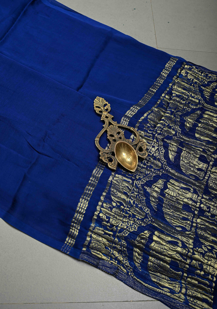 Ink Blue Borderless Modal Silk Saree with Baluchari Style Zari Pallu | SHOBITAM