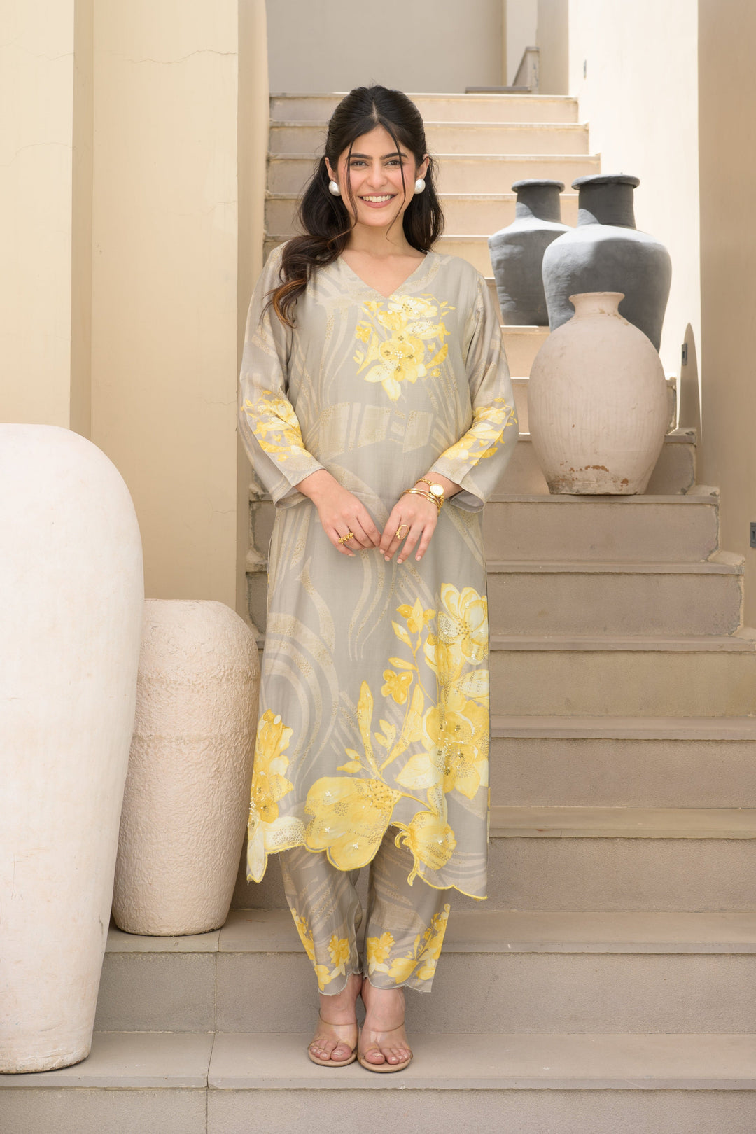 Grey and Yellow Cut Work Scallope Muslin Kurta with Yellow Organza Border Embroidered Scallope Pant Set- SET OF-2 | SHOBITAM