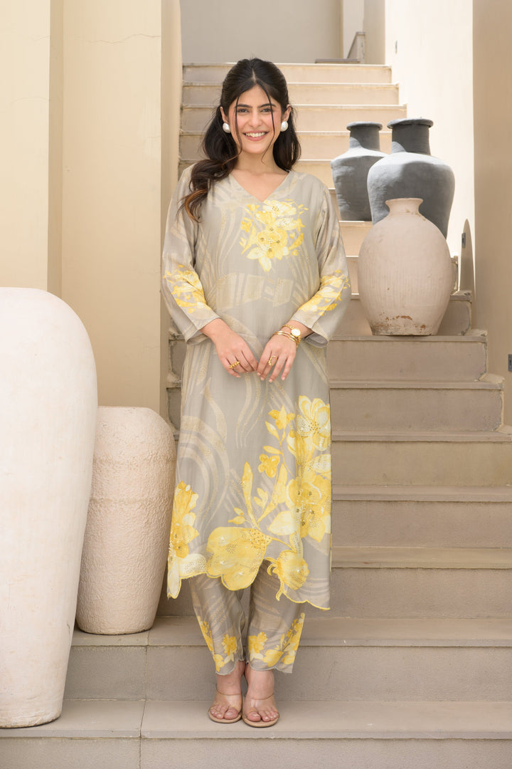 Grey and Yellow Cut Work Scallope Muslin Kurta with Yellow Organza Border Embroidered Scallope Pant Set- SET OF-2 | SHOBITAM