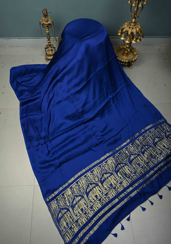 Ink Blue Borderless Modal Silk Saree with Baluchari Style Zari Pallu | SHOBITAM
