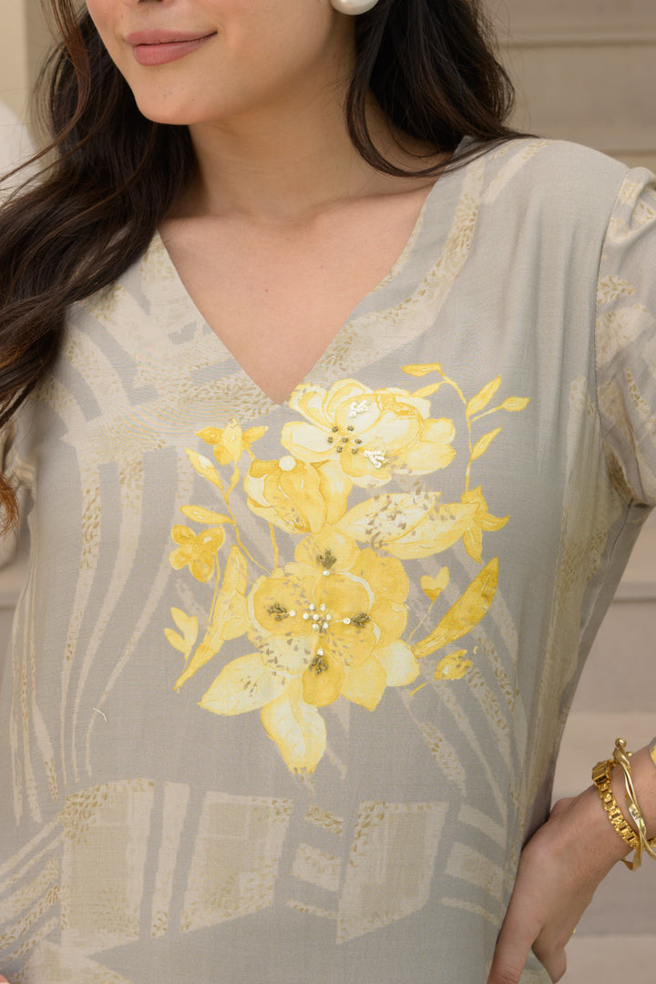 Grey and Yellow Cut Work Scallope Muslin Kurta with Yellow Organza Border Embroidered Scallope Pant Set- SET OF-2 | SHOBITAM