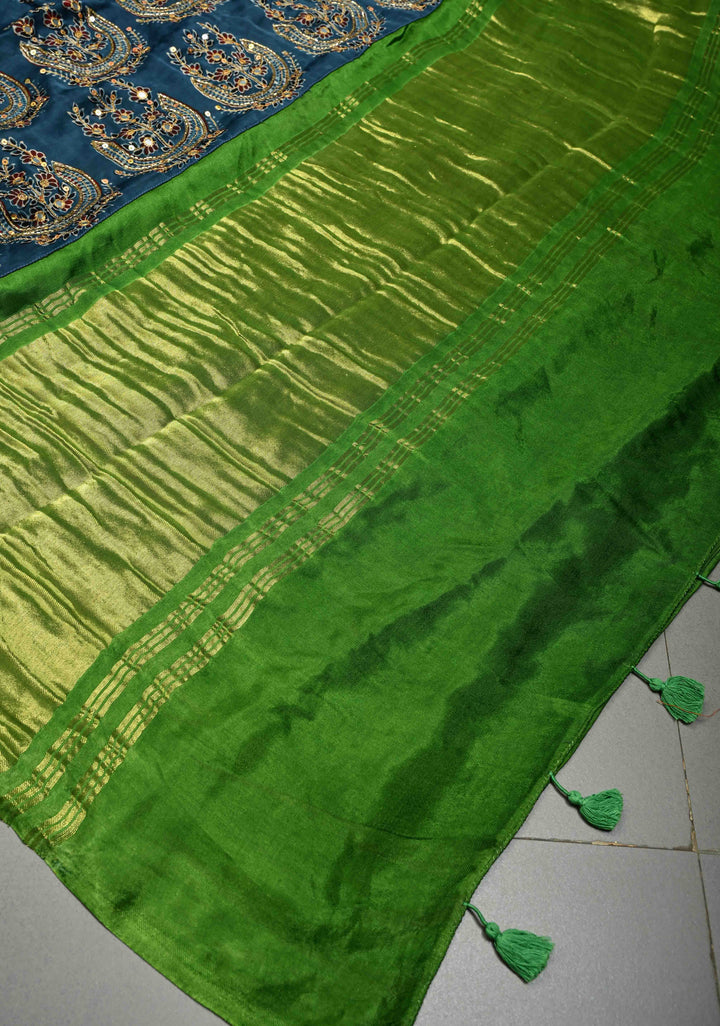 Sap Green-Indigo Block Print Half and Half Modal Silk Saree with Cutdana, Sequins, Mirror Hand Work and Lagda Patta Tissue Pallu | SHOBITAM