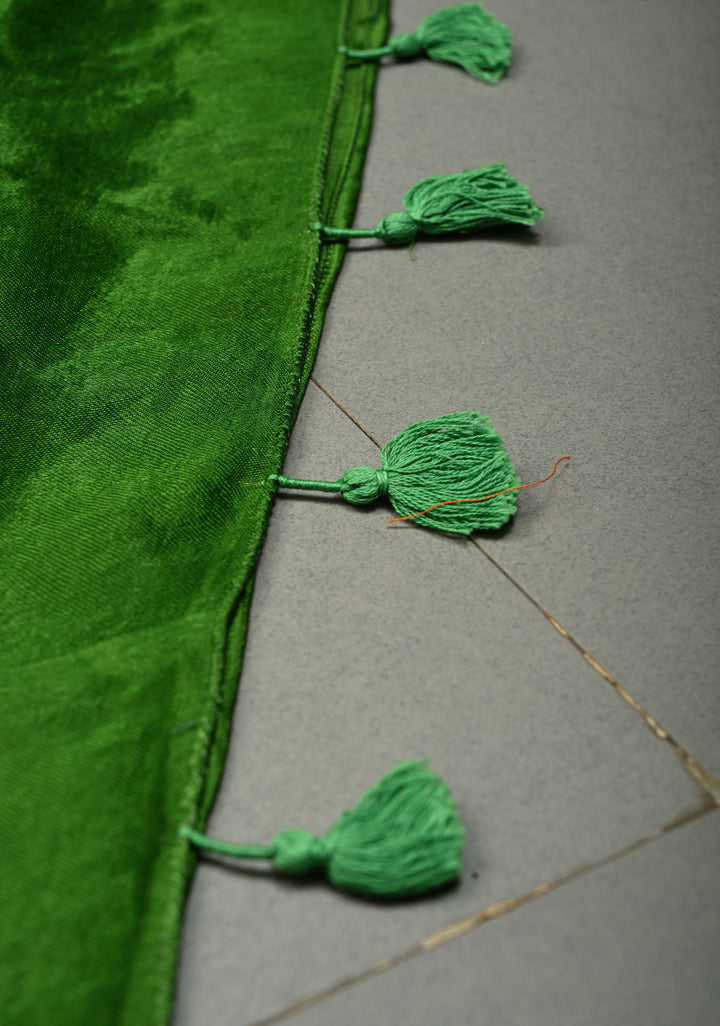 Sap Green-Indigo Block Print Half and Half Modal Silk Saree with Cutdana, Sequins, Mirror Hand Work and Lagda Patta Tissue Pallu | SHOBITAM