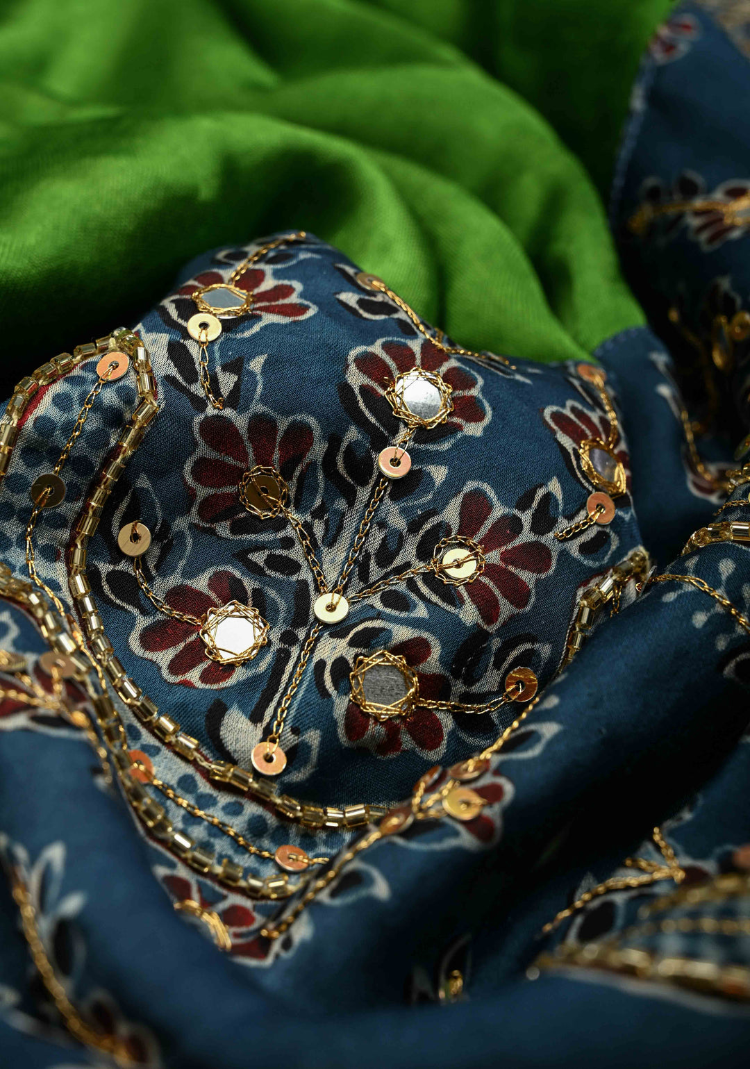 Sap Green-Indigo Block Print Half and Half Modal Silk Saree with Cutdana, Sequins, Mirror Hand Work and Lagda Patta Tissue Pallu | SHOBITAM