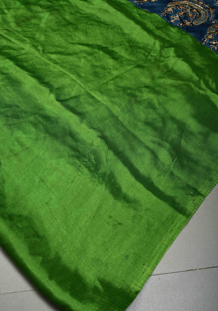 Sap Green-Indigo Block Print Half and Half Modal Silk Saree with Cutdana, Sequins, Mirror Hand Work and Lagda Patta Tissue Pallu | SHOBITAM