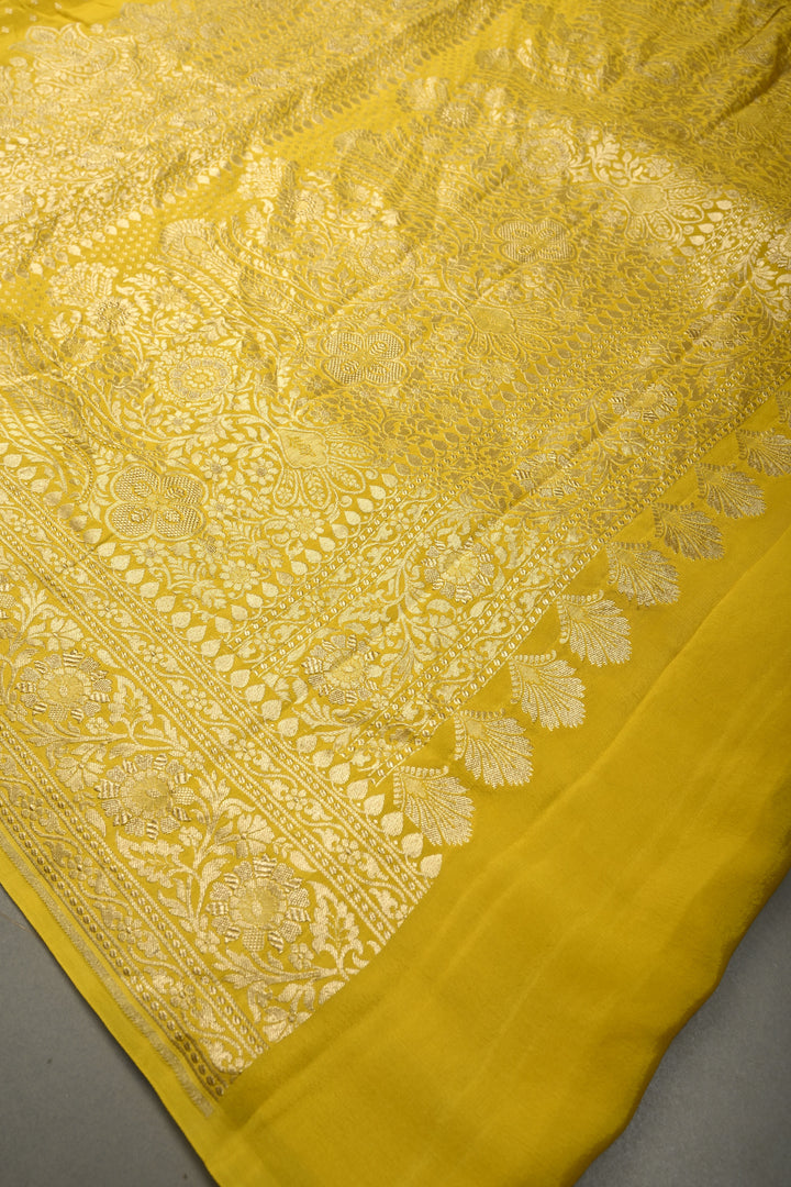 Sunflower Yellow Banarasi Georgette Silk Saree with Chunri Buttis and Zari Border | SILK MARK CERTIFIED | SHOBITAM