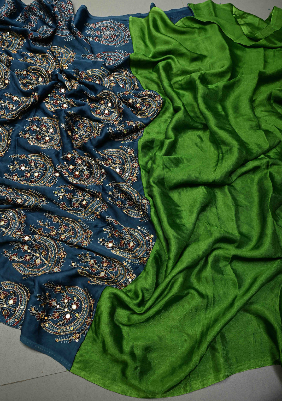 Sap Green-Indigo Block Print Half and Half Modal Silk Saree with Cutdana, Sequins, Mirror Hand Work and Lagda Patta Tissue Pallu | SHOBITAM