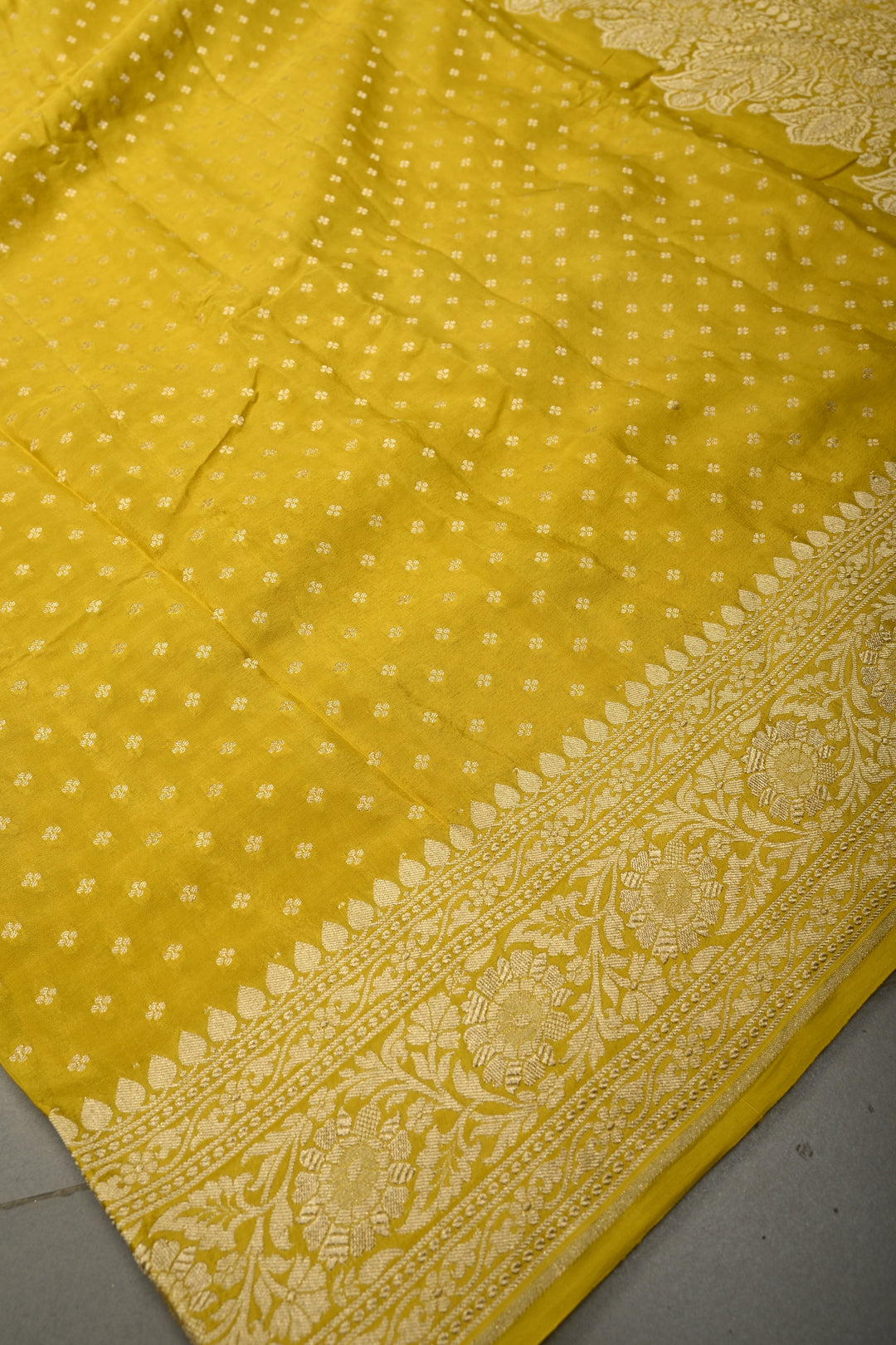 Sunflower Yellow Banarasi Georgette Silk Saree with Chunri Buttis and Zari Border | SILK MARK CERTIFIED | SHOBITAM