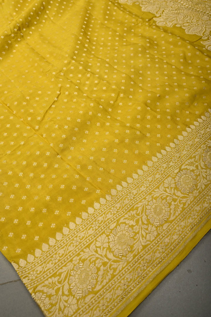 Sunflower Yellow Banarasi Georgette Silk Saree with Chunri Buttis and Zari Border | SILK MARK CERTIFIED | SHOBITAM