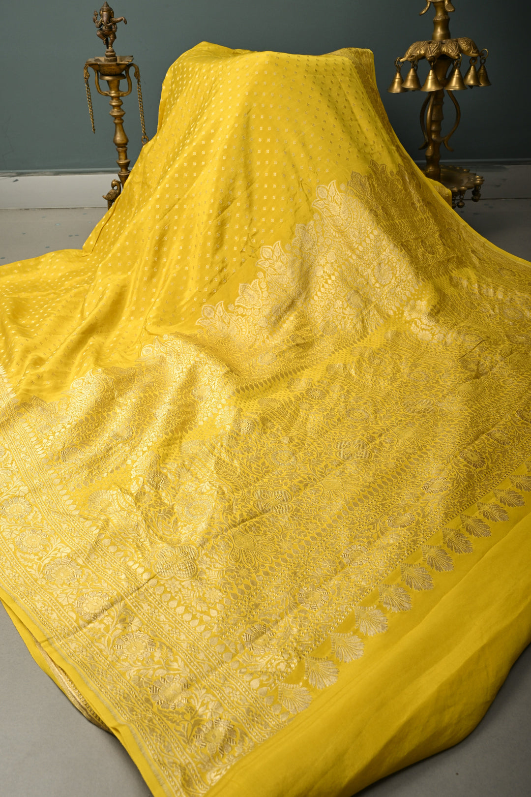 Sunflower Yellow Banarasi Georgette Silk Saree with Chunri Buttis and Zari Border | SILK MARK CERTIFIED | SHOBITAM
