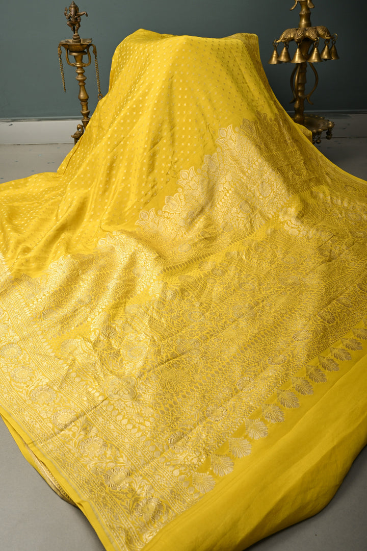 Sunflower Yellow Banarasi Georgette Silk Saree with Chunri Buttis and Zari Border | SILK MARK CERTIFIED | SHOBITAM