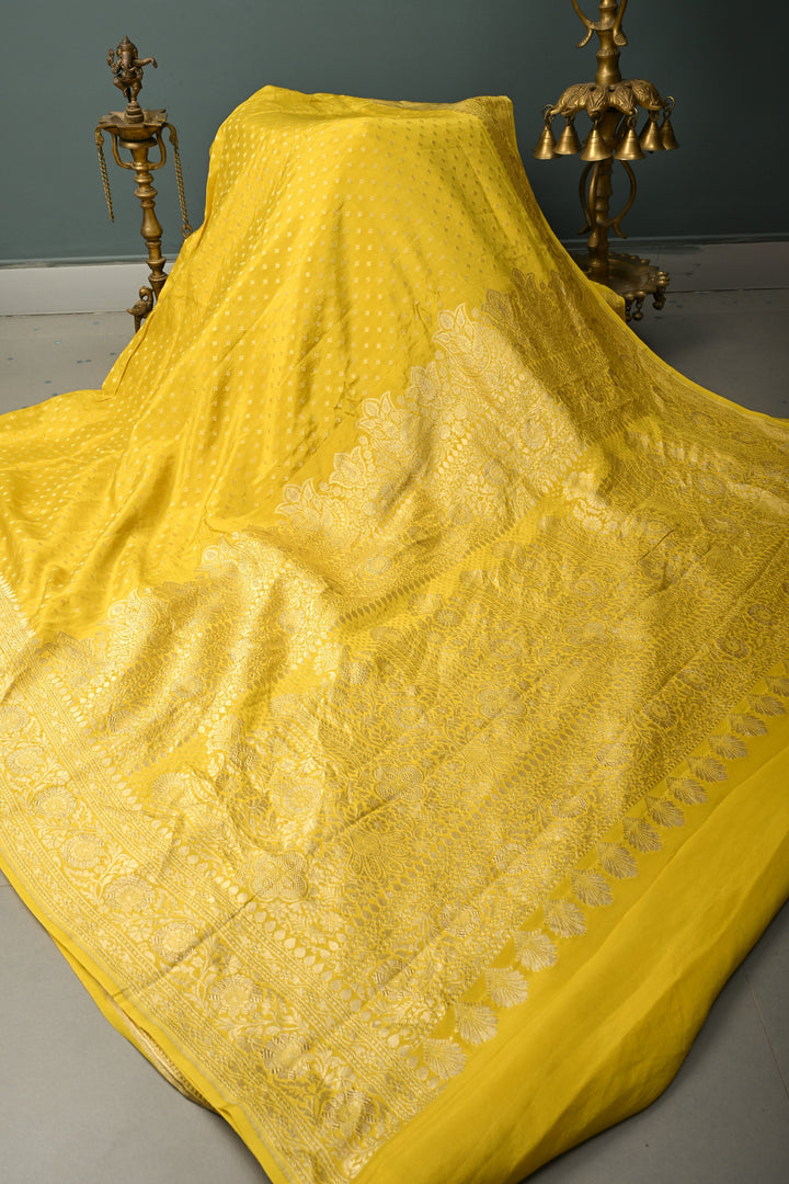 Sunflower Yellow Banarasi Georgette Silk Saree with Chunri Buttis and Zari Border | SILK MARK CERTIFIED | SHOBITAM