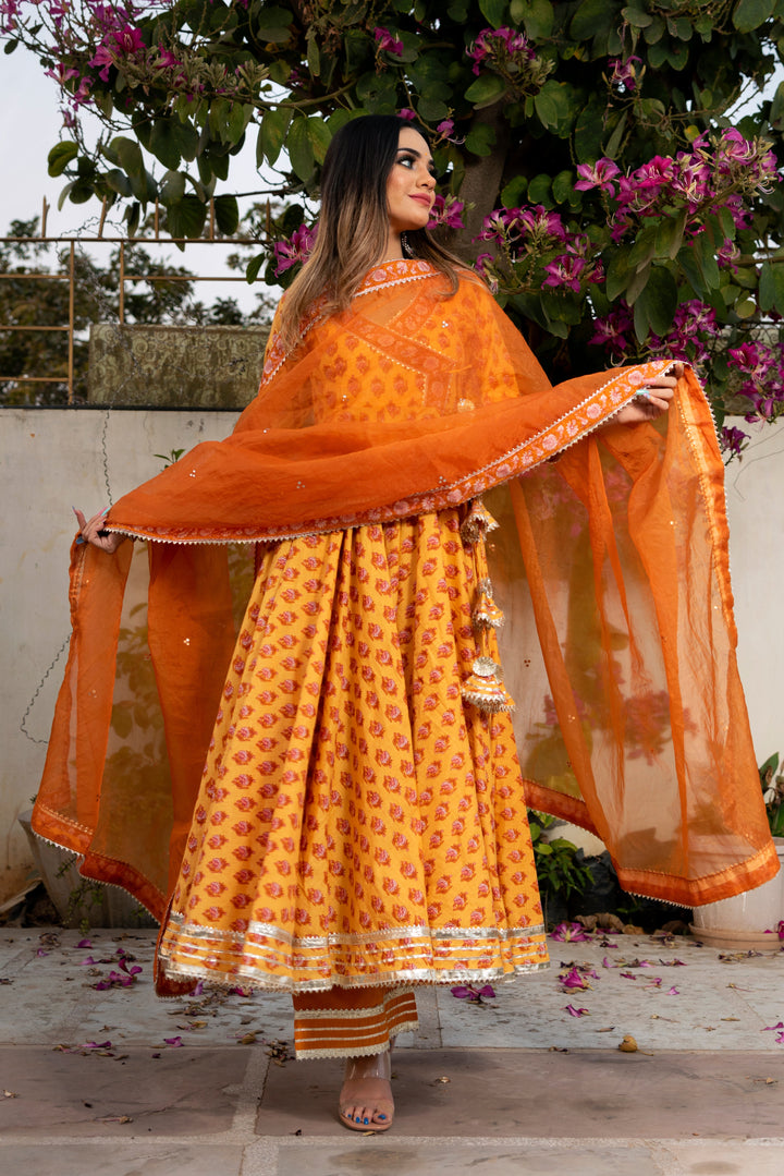 MEHAR LIGHT BROWN HAND BLOCK ANARKALI SET | SHOBITAM