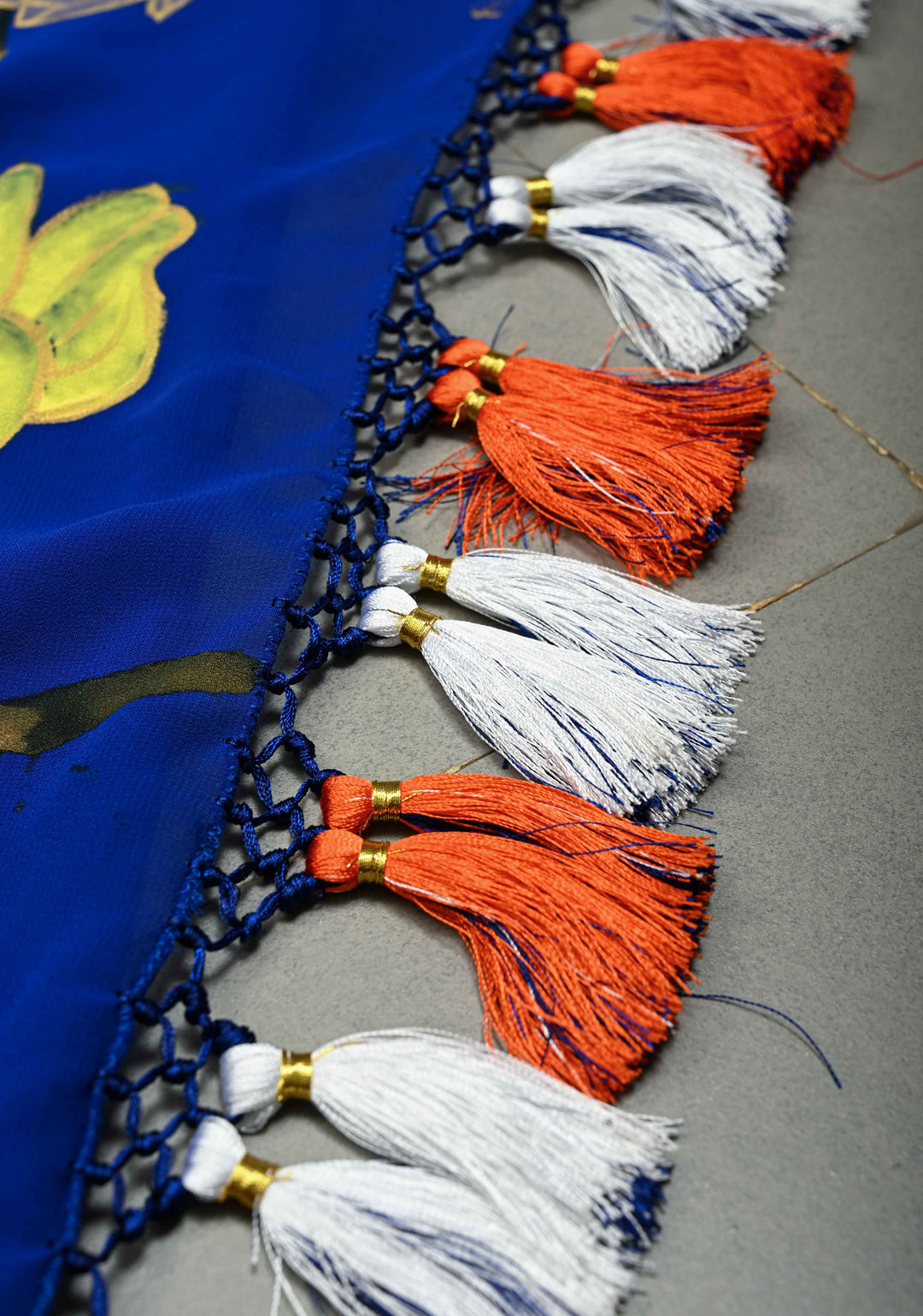 Royal Blue Georgette Saree with Floral Blooming Handpainted on Pallu, No Blouse Piece | SHOBITAM
