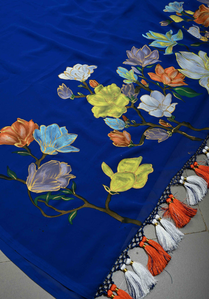 Royal Blue Georgette Saree with Floral Blooming Handpainted on Pallu, No Blouse Piece | SHOBITAM