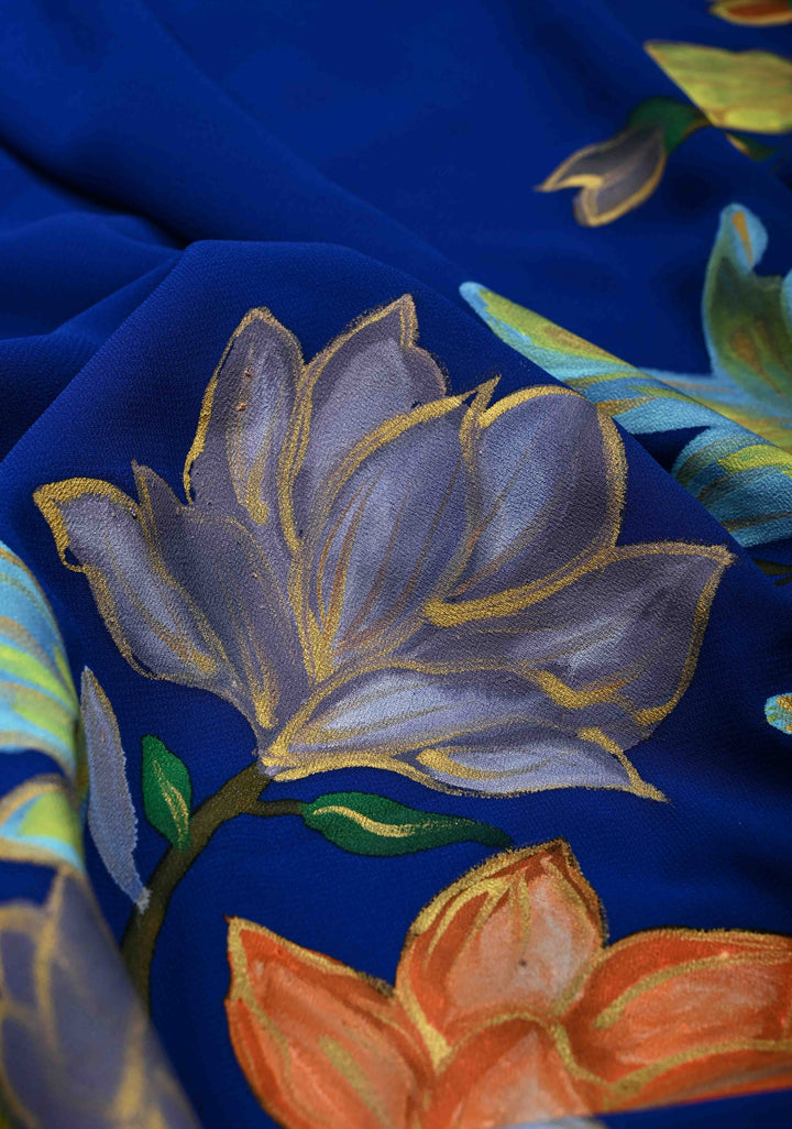 Royal Blue Georgette Saree with Floral Blooming Handpainted on Pallu, No Blouse Piece | SHOBITAM