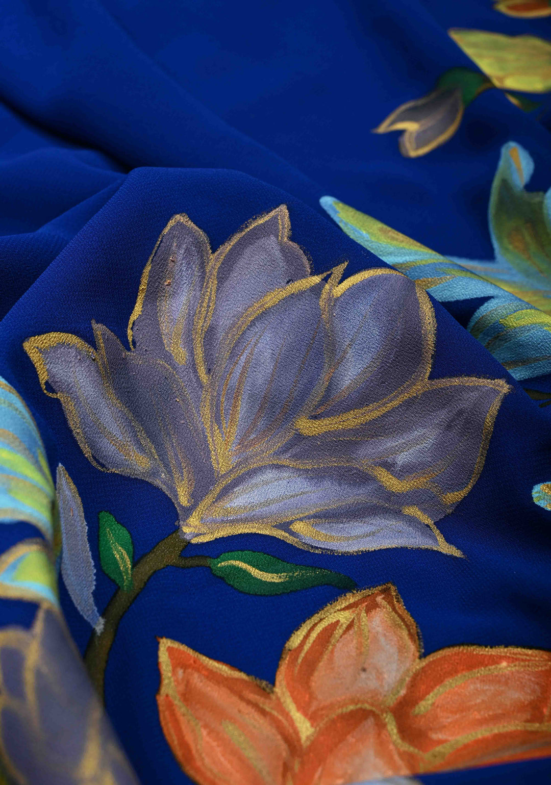 Royal Blue Georgette Saree with Floral Blooming Handpainted on Pallu, No Blouse Piece | SHOBITAM