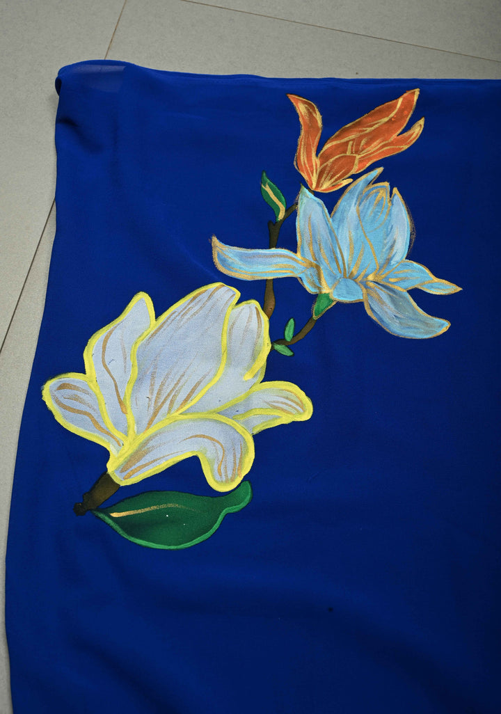 Royal Blue Georgette Saree with Floral Blooming Handpainted on Pallu, No Blouse Piece | SHOBITAM