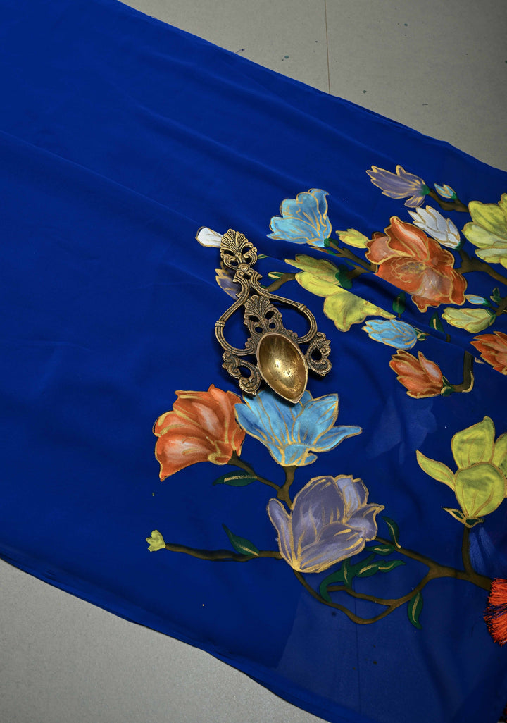 Royal Blue Georgette Saree with Floral Blooming Handpainted on Pallu, No Blouse Piece | SHOBITAM