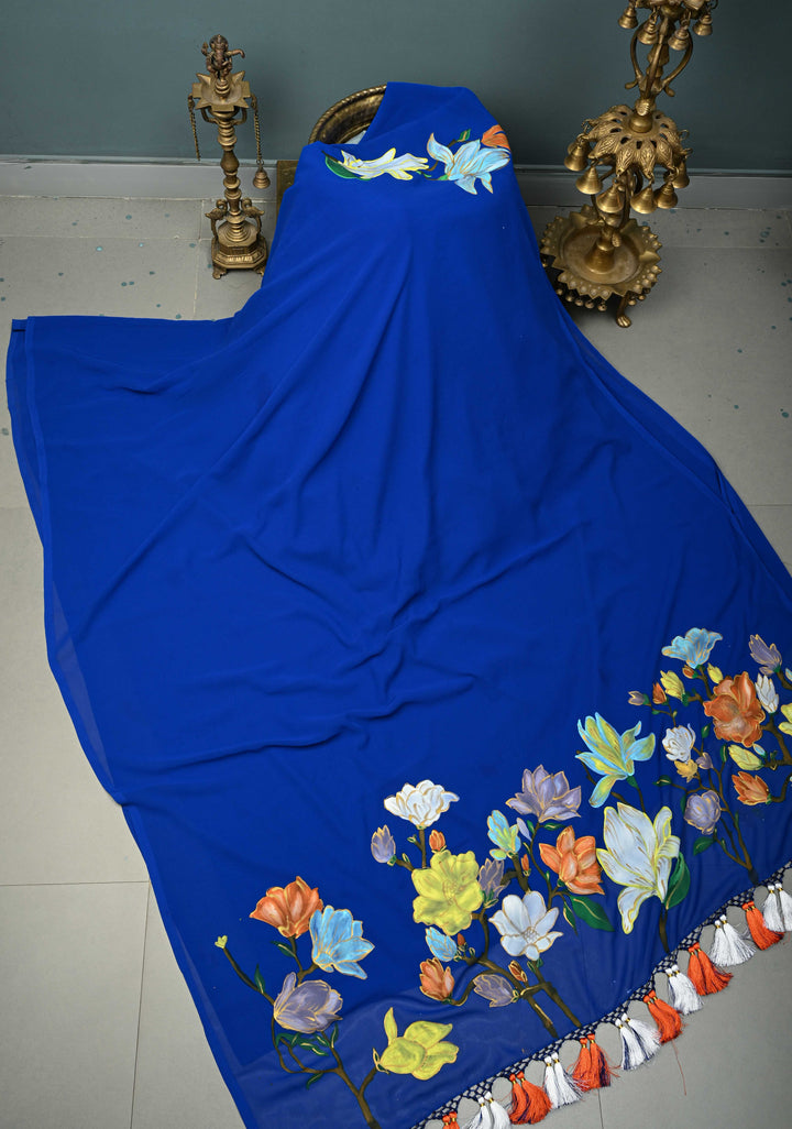 Royal Blue Georgette Saree with Floral Blooming Handpainted on Pallu, No Blouse Piece | SHOBITAM