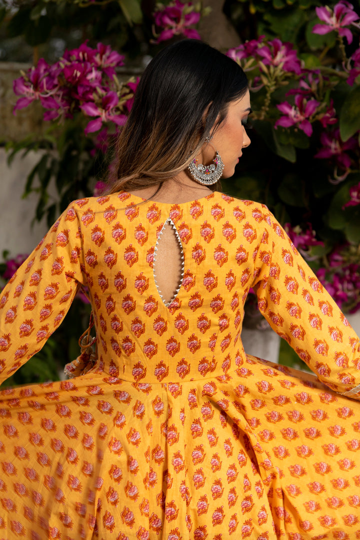 MEHAR LIGHT BROWN HAND BLOCK ANARKALI SET | SHOBITAM