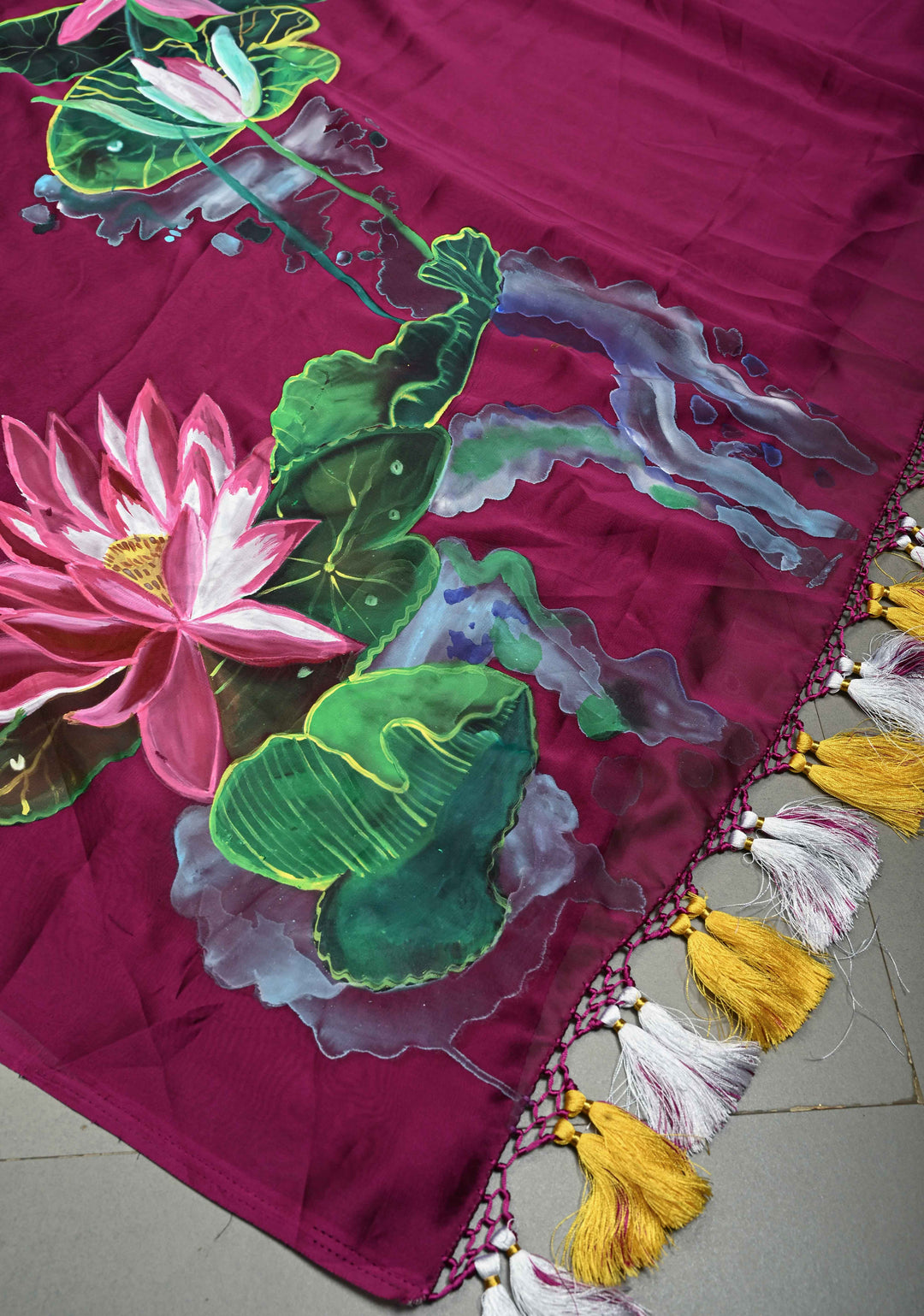 Magenta Shimmer Georgette Saree with Floral Lotus Hand Painted on Pallu , No Blouse Piece | SHOBITAM