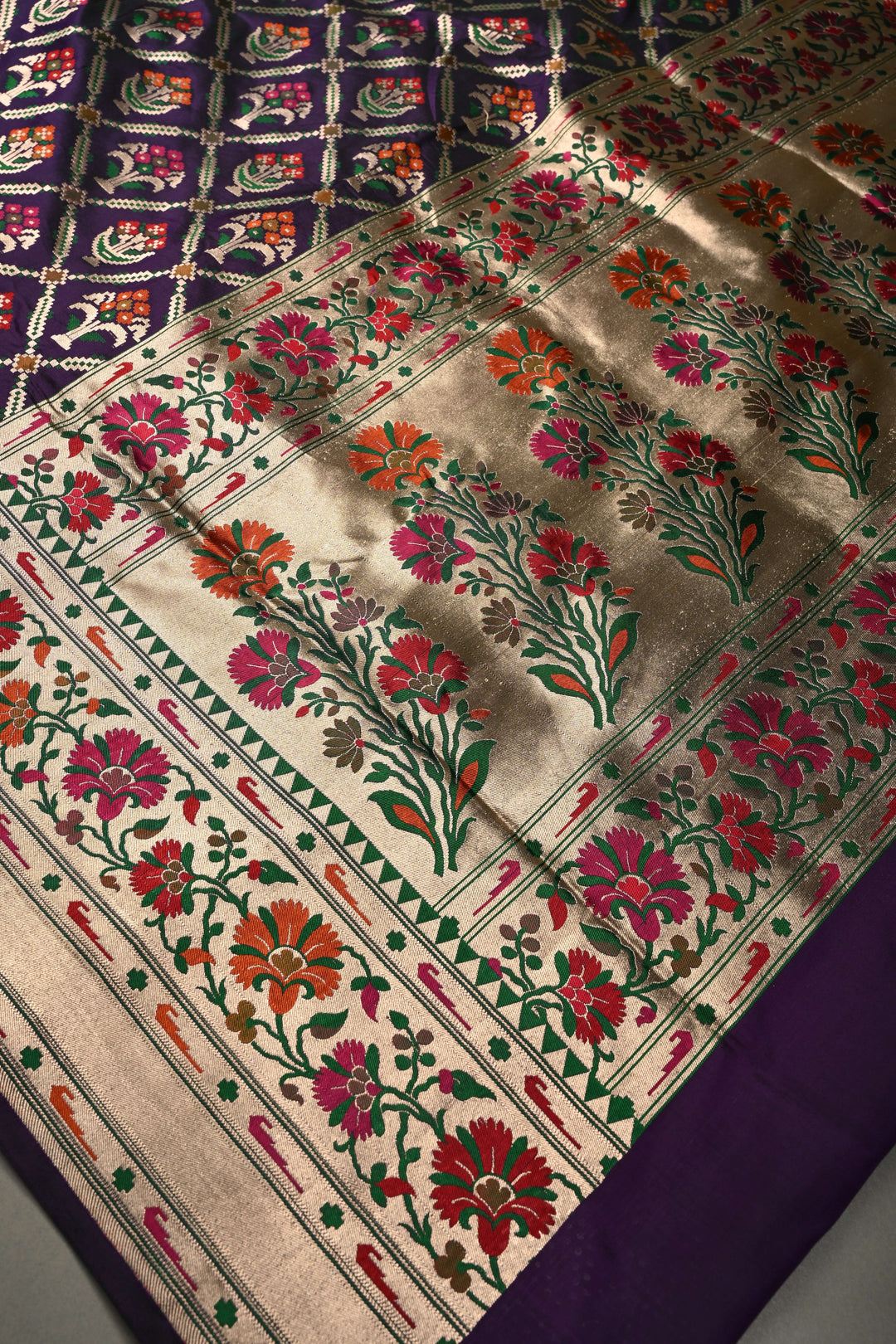 Eggplant Purple Meenakari Geometric Design on Pure Banarasi Katan Silk Saree with Floral Brocade Jaal and Zari Border | SILK MARK CERTIFIED | SHOBITAM