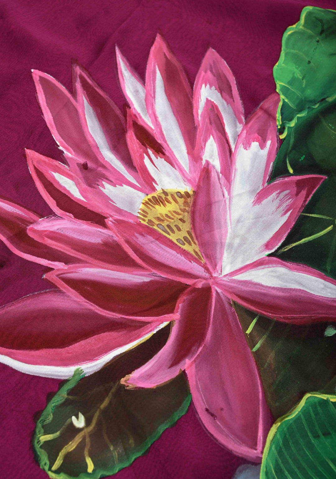 Magenta Shimmer Georgette Saree with Floral Lotus Hand Painted on Pallu , No Blouse Piece | SHOBITAM