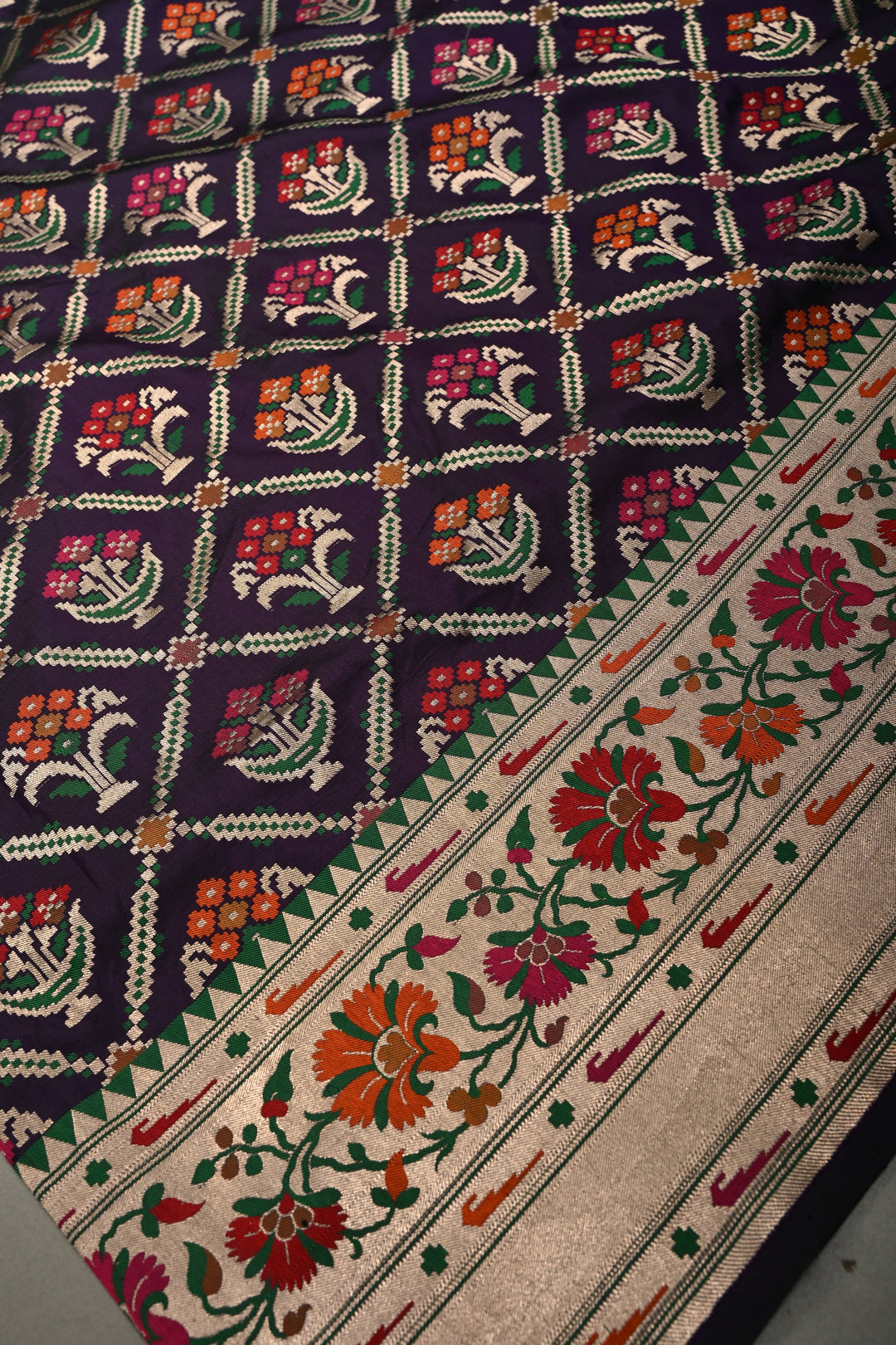 Eggplant Purple Meenakari Geometric Design on Pure Banarasi Katan Silk Saree with Floral Brocade Jaal and Zari Border | SILK MARK CERTIFIED | SHOBITAM
