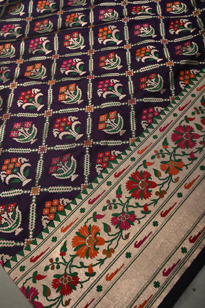 Eggplant Purple Meenakari Geometric Design on Pure Banarasi Katan Silk Saree with Floral Brocade Jaal and Zari Border | SILK MARK CERTIFIED | SHOBITAM
